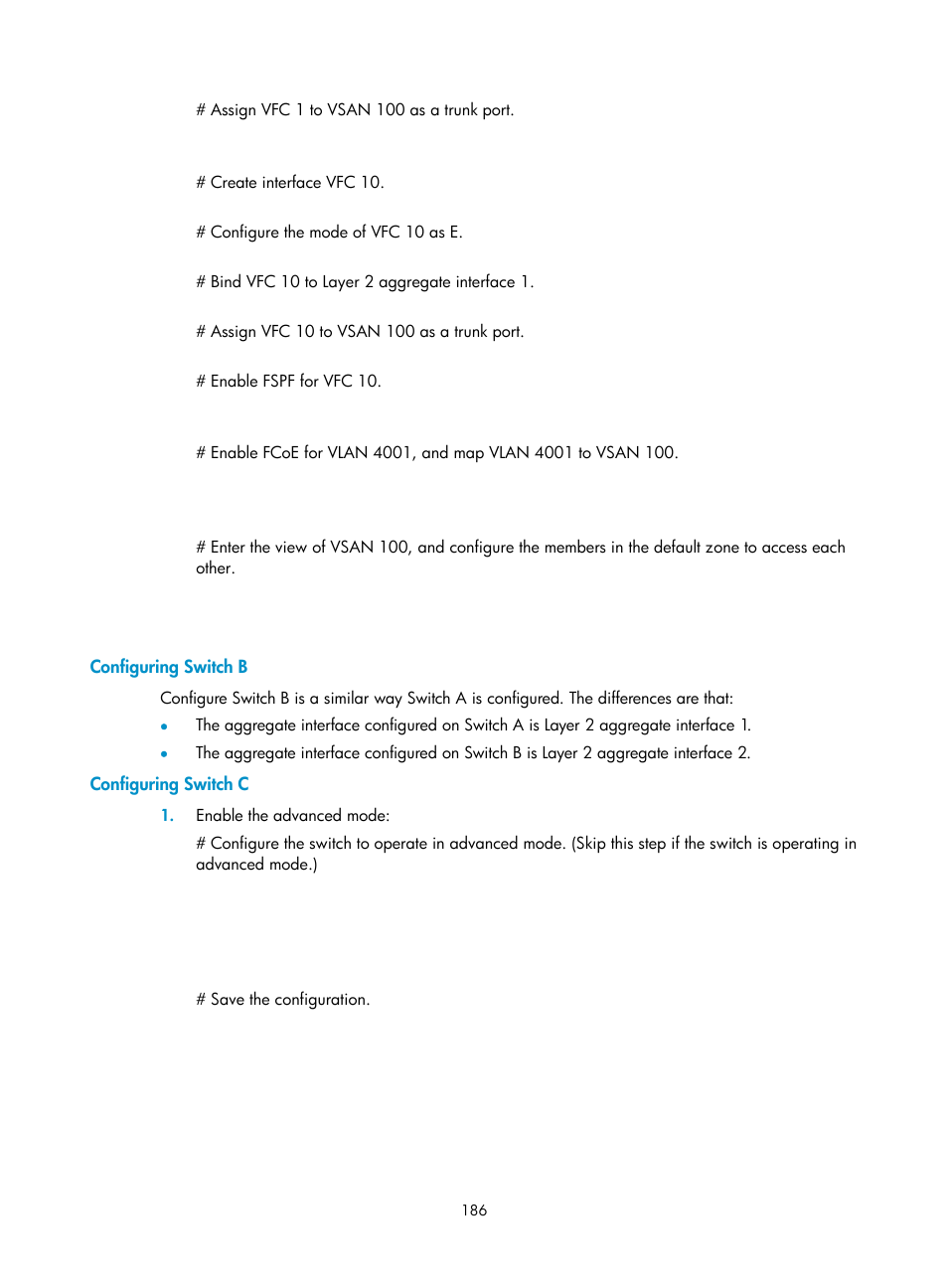 Configuring switch b, Configuring switch c | H3C Technologies H3C S5830V2 Series Switches User Manual | Page 197 / 235