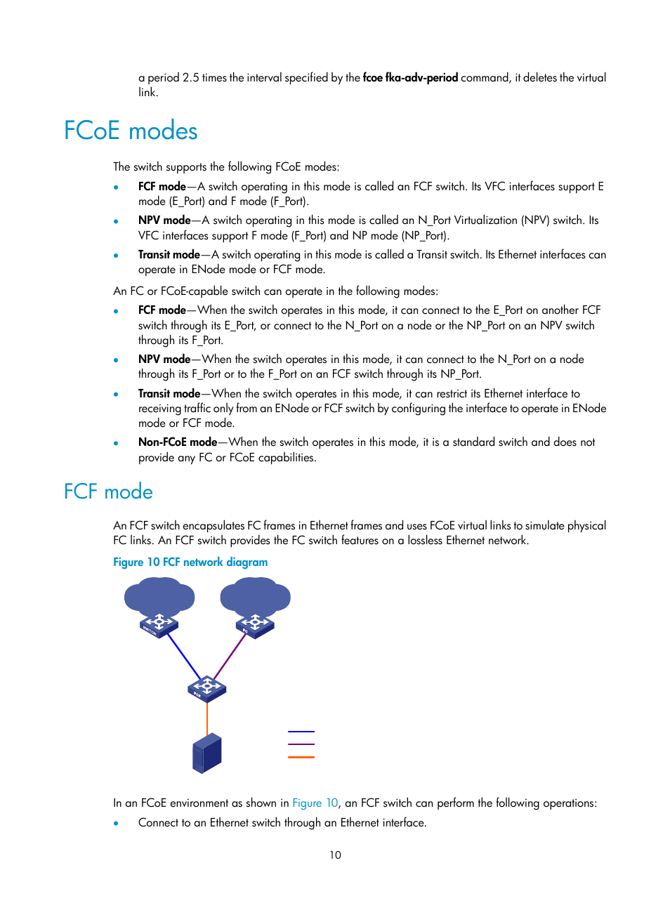 Fcoe modes, Fcf mode | H3C Technologies H3C S5830V2 Series Switches User Manual | Page 21 / 235