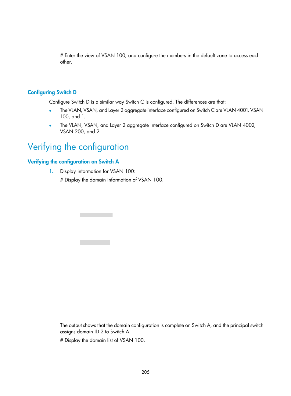 Configuring switch d, Verifying the configuration, Verifying the configuration on switch a | H3C Technologies H3C S5830V2 Series Switches User Manual | Page 216 / 235