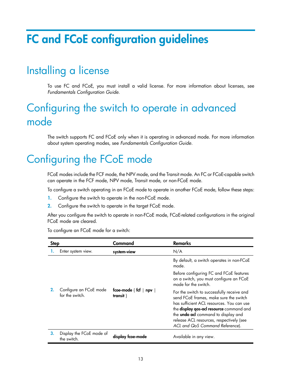 Fc and fcoe configuration guidelines, Installing a license, Configuring the switch to operate in advanced mode | Configuring the fcoe mode | H3C Technologies H3C S5830V2 Series Switches User Manual | Page 24 / 235