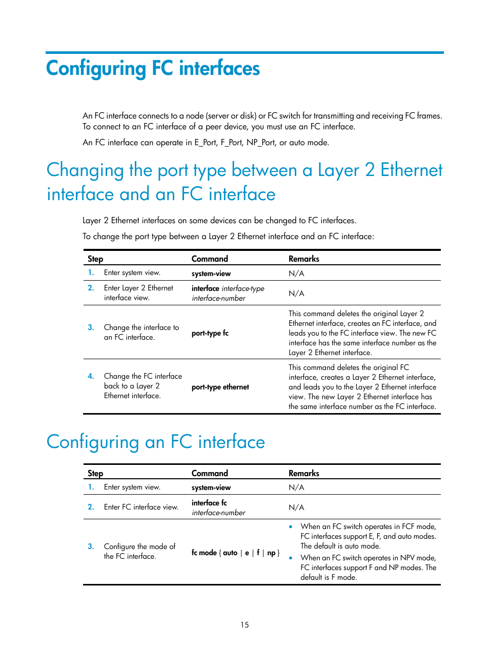 Configuring fc interfaces, Configuring an fc interface | H3C Technologies H3C S5830V2 Series Switches User Manual | Page 26 / 235