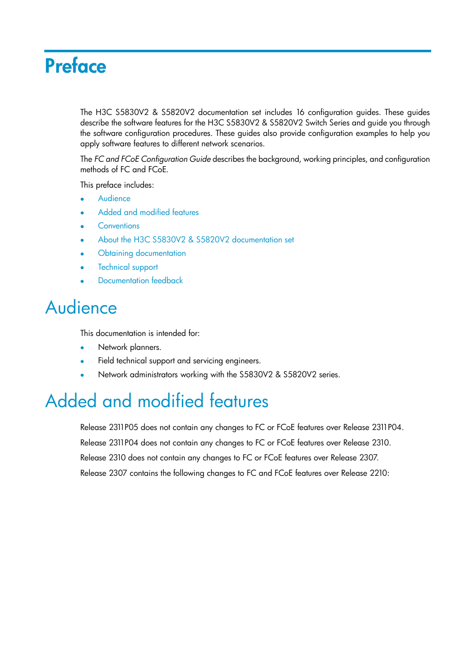 Preface, Audience, Added and modified features | H3C Technologies H3C S5830V2 Series Switches User Manual | Page 3 / 235