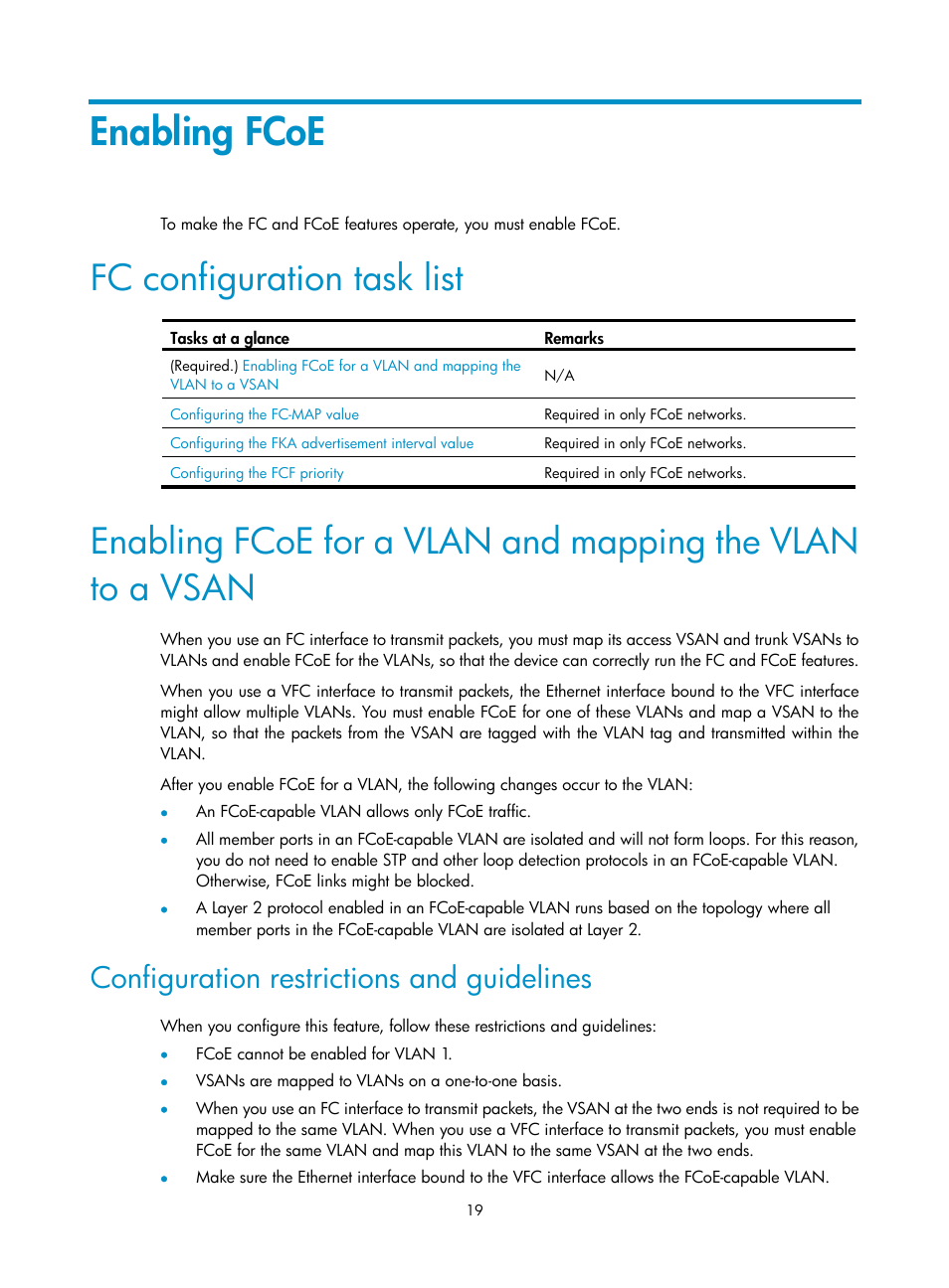 Enabling fcoe, Fc configuration task list, Configuration restrictions and guidelines | H3C Technologies H3C S5830V2 Series Switches User Manual | Page 30 / 235