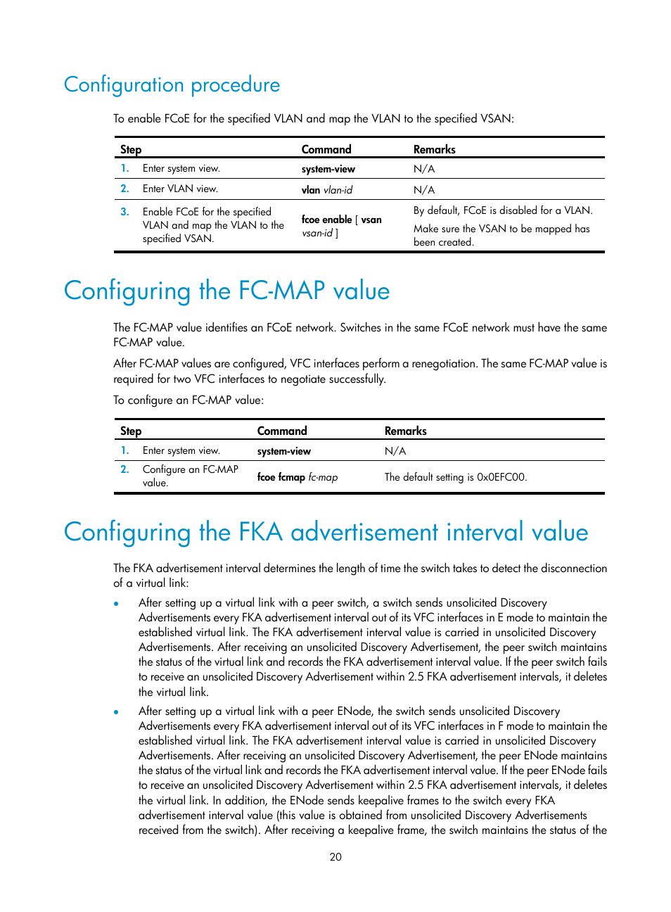 Configuration procedure, Configuring the fc-map value, Configuring the fka advertisement interval value | H3C Technologies H3C S5830V2 Series Switches User Manual | Page 31 / 235