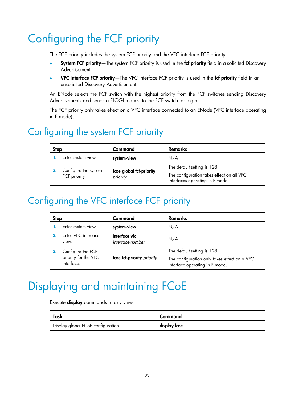 Configuring the fcf priority, Configuring the system fcf priority, Configuring the vfc interface fcf priority | Displaying and maintaining fcoe | H3C Technologies H3C S5830V2 Series Switches User Manual | Page 33 / 235