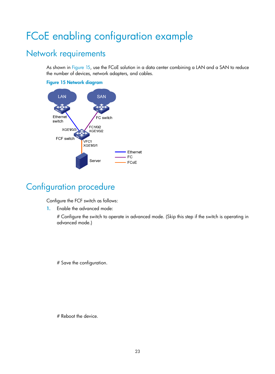 Fcoe enabling configuration example, Network requirements, Configuration procedure | H3C Technologies H3C S5830V2 Series Switches User Manual | Page 34 / 235