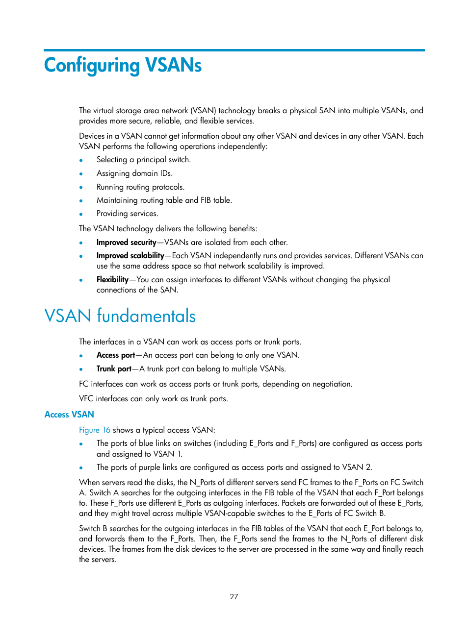 Configuring vsans, Vsan fundamentals, Access vsan | H3C Technologies H3C S5830V2 Series Switches User Manual | Page 38 / 235