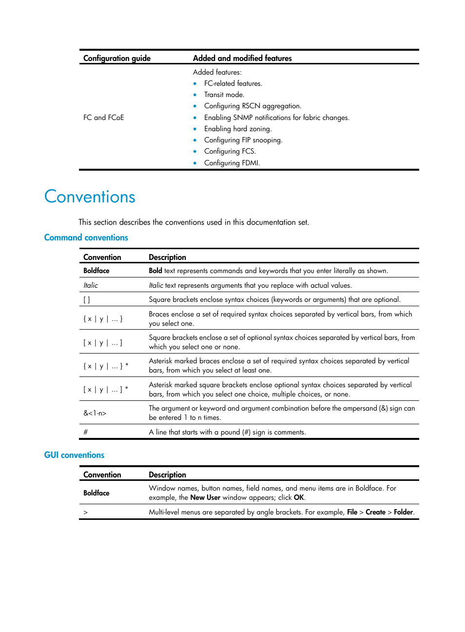 Conventions, Command conventions, Gui conventions | H3C Technologies H3C S5830V2 Series Switches User Manual | Page 4 / 235