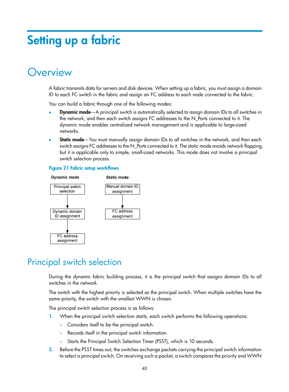 Setting up a fabric, Overview, Principal switch selection | H3C Technologies H3C S5830V2 Series Switches User Manual | Page 51 / 235