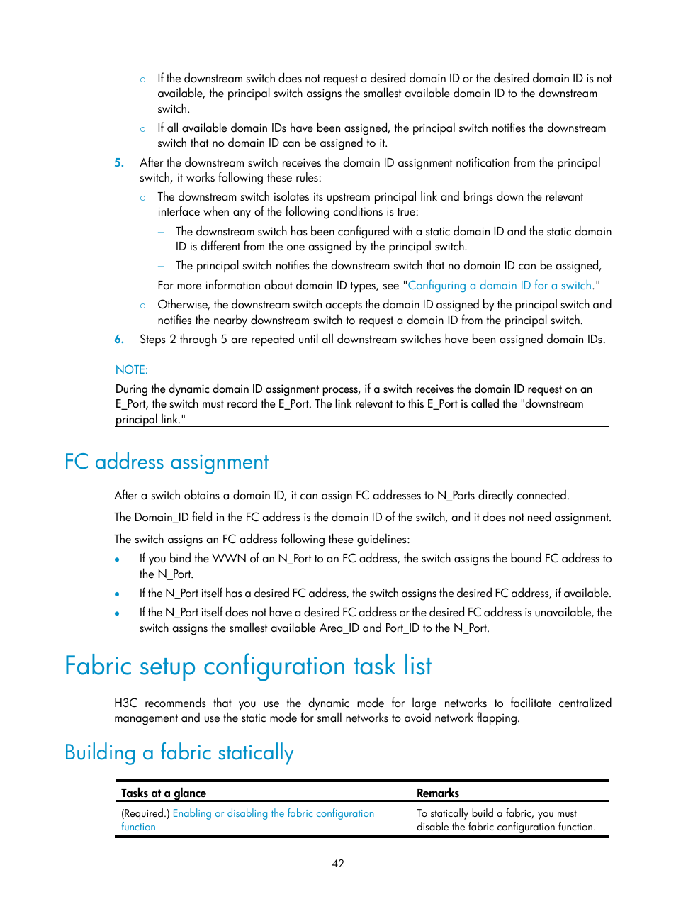 Fc address assignment, Fabric setup configuration task list, Building a fabric statically | H3C Technologies H3C S5830V2 Series Switches User Manual | Page 53 / 235