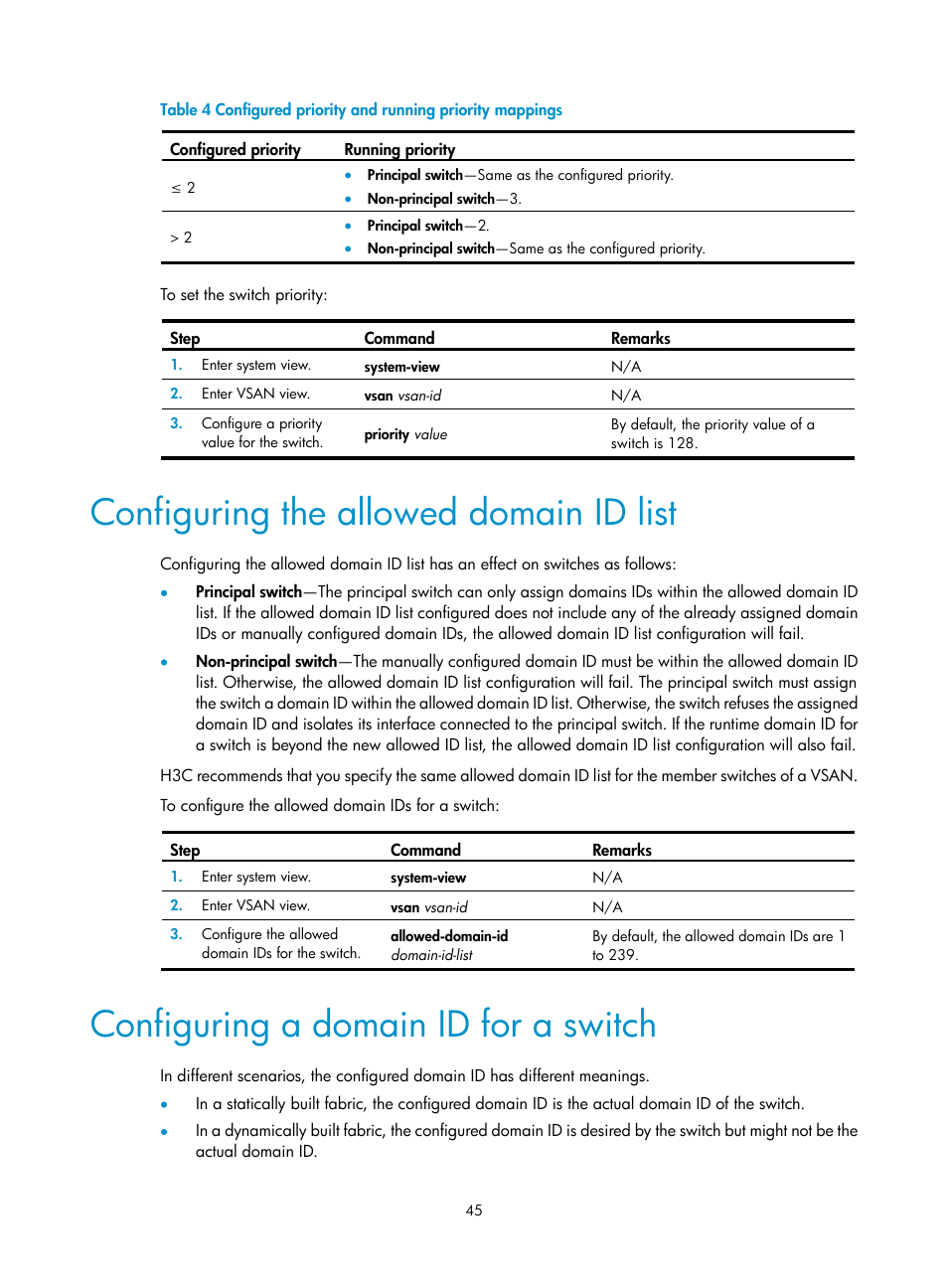 Configuring the allowed domain id list, Configuring a domain id for a switch | H3C Technologies H3C S5830V2 Series Switches User Manual | Page 56 / 235