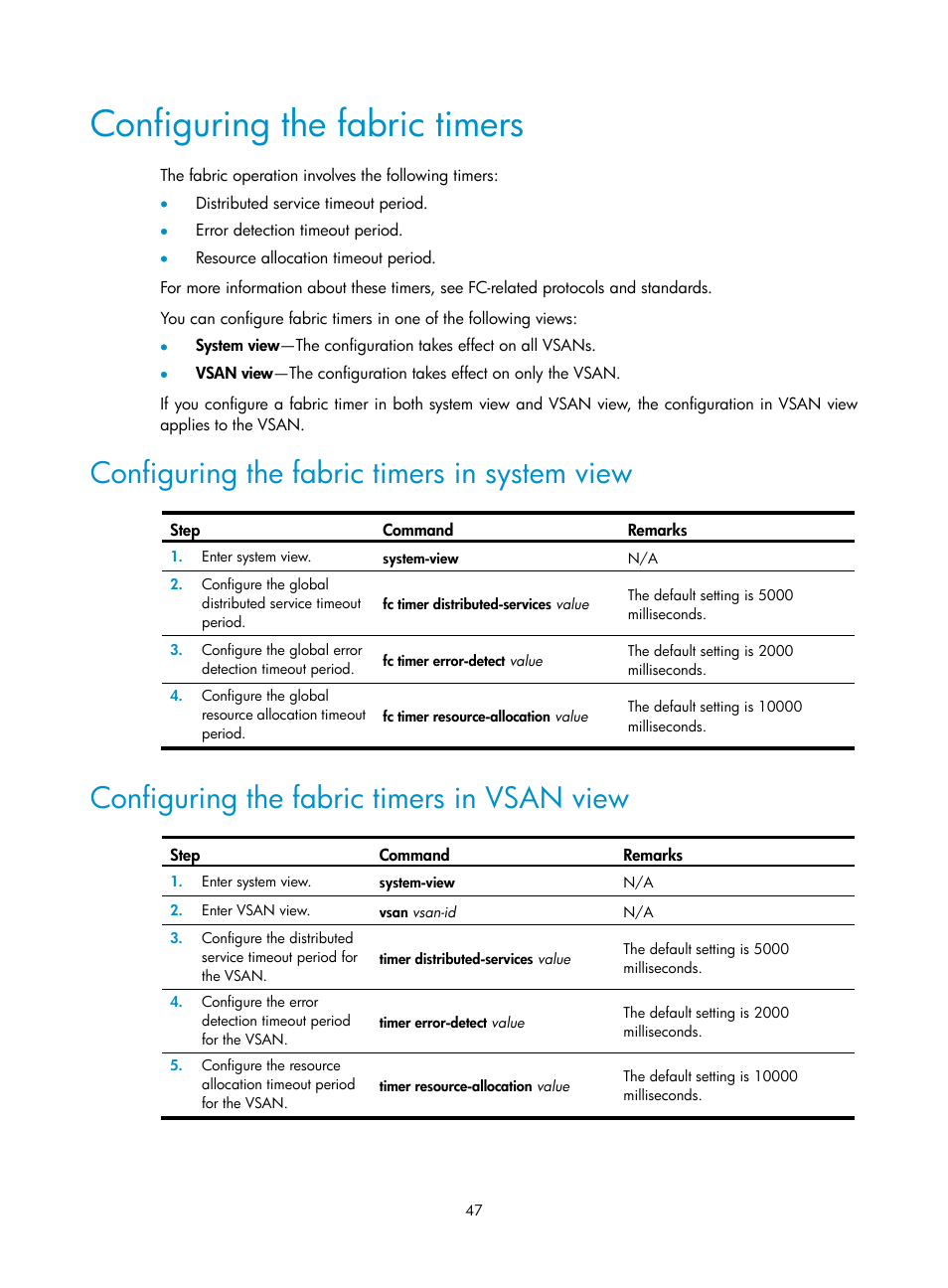 Configuring the fabric timers, Configuring the fabric timers in system view, Configuring the fabric timers in vsan view | Configuring the fabric, Timers | H3C Technologies H3C S5830V2 Series Switches User Manual | Page 58 / 235