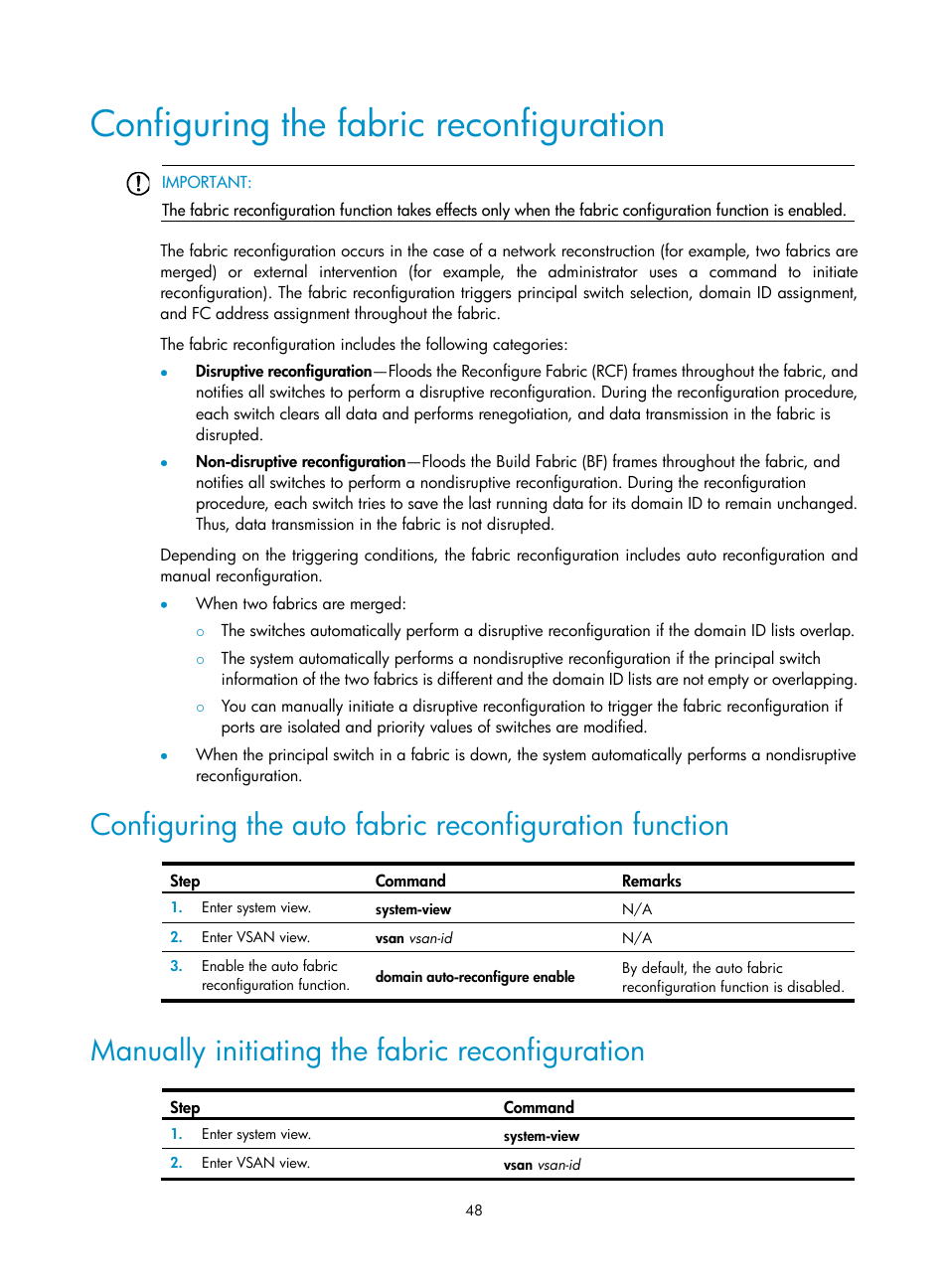 Configuring the fabric reconfiguration, Manually initiating the fabric reconfiguration | H3C Technologies H3C S5830V2 Series Switches User Manual | Page 59 / 235