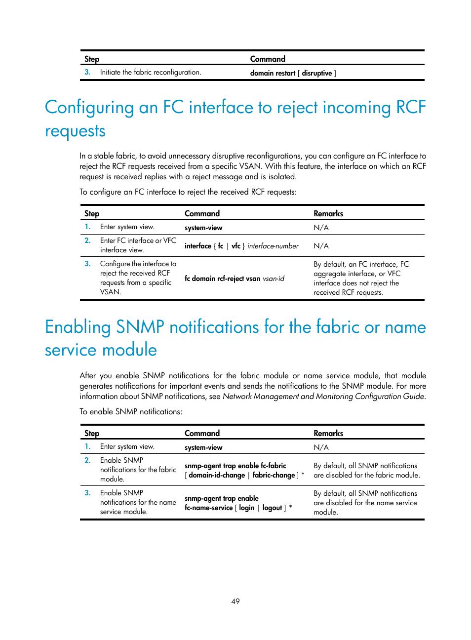 Configuring an fc interface to reject incoming rcf, Requests, Enabling snmp notifications for the fabric or name | Service module | H3C Technologies H3C S5830V2 Series Switches User Manual | Page 60 / 235