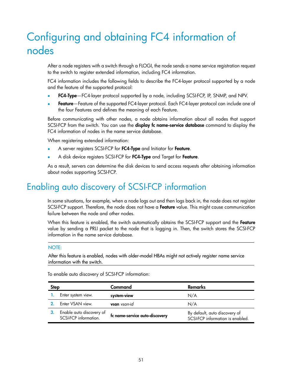 Configuring and obtaining fc4 information of nodes, Enabling auto discovery of scsi-fcp information, T fc4 information, see | Optional.) | H3C Technologies H3C S5830V2 Series Switches User Manual | Page 62 / 235