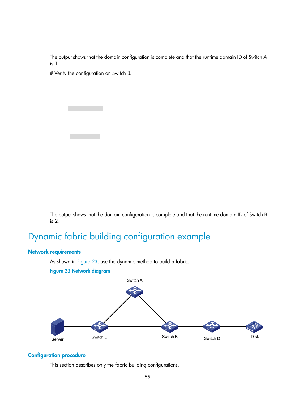 Dynamic fabric building configuration example, Network requirements, Configuration procedure | H3C Technologies H3C S5830V2 Series Switches User Manual | Page 66 / 235