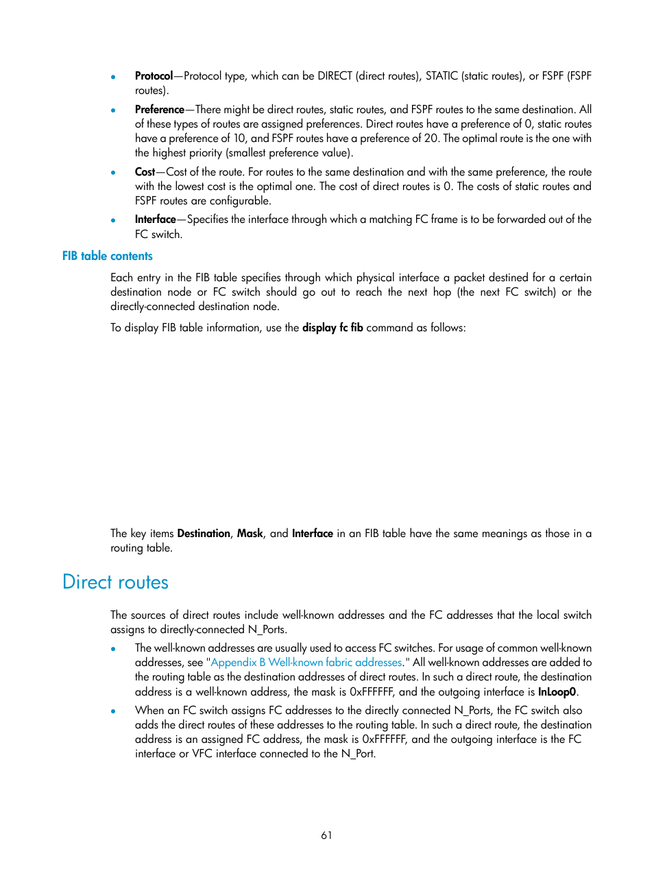 Fib table contents, Direct routes | H3C Technologies H3C S5830V2 Series Switches User Manual | Page 72 / 235