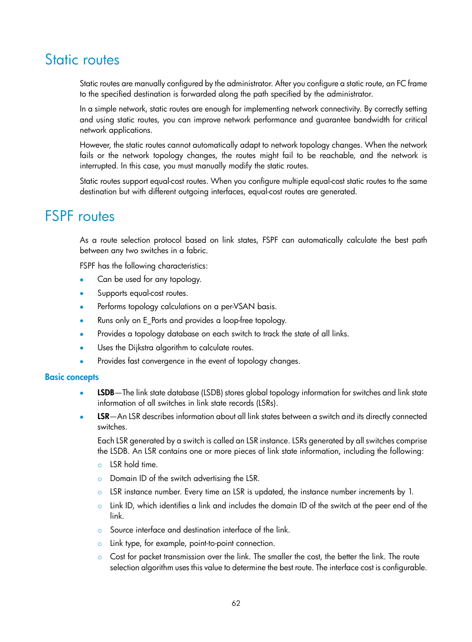 Static routes, Fspf routes, Basic concepts | H3C Technologies H3C S5830V2 Series Switches User Manual | Page 73 / 235