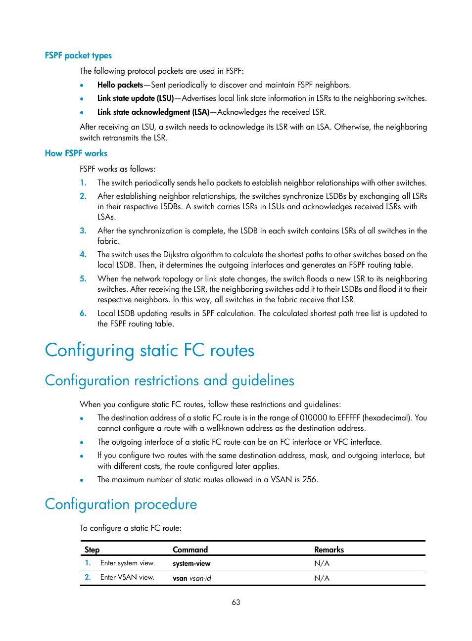 Fspf packet types, How fspf works, Configuring static fc routes | Configuration restrictions and guidelines, Configuration procedure | H3C Technologies H3C S5830V2 Series Switches User Manual | Page 74 / 235