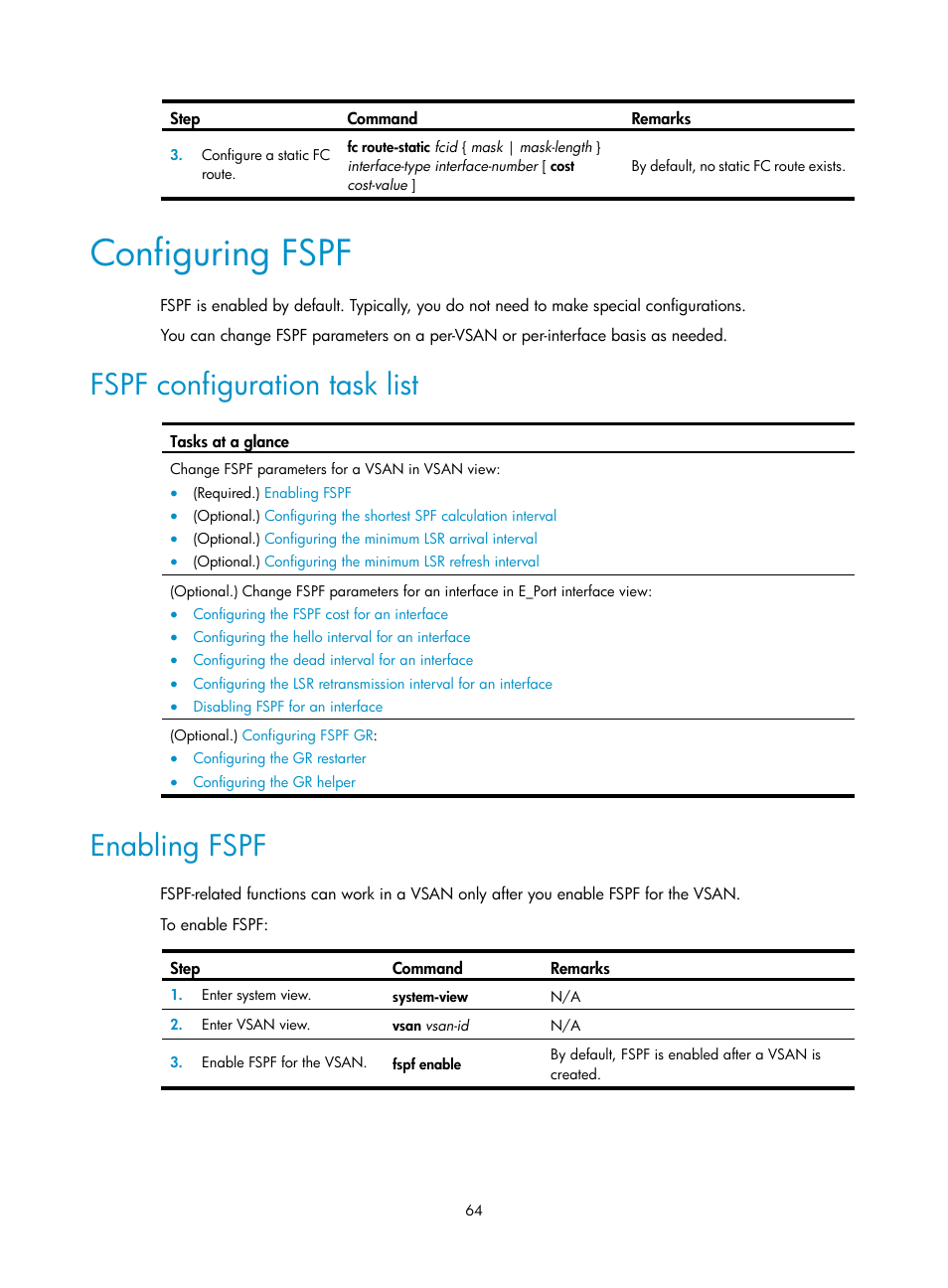 Configuring fspf, Fspf configuration task list, Enabling fspf | H3C Technologies H3C S5830V2 Series Switches User Manual | Page 75 / 235