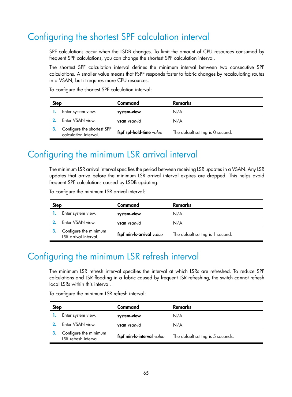 Configuring the shortest spf calculation interval, Configuring the minimum lsr arrival interval, Configuring the minimum lsr refresh interval | H3C Technologies H3C S5830V2 Series Switches User Manual | Page 76 / 235