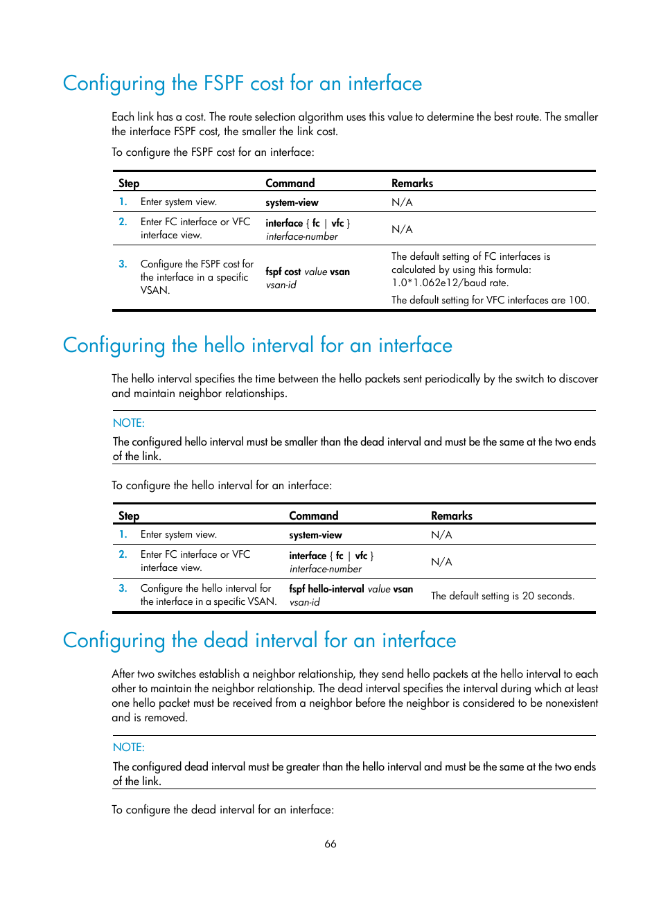 Configuring the fspf cost for an interface, Configuring the hello interval for an interface, Configuring the dead interval for an interface | H3C Technologies H3C S5830V2 Series Switches User Manual | Page 77 / 235