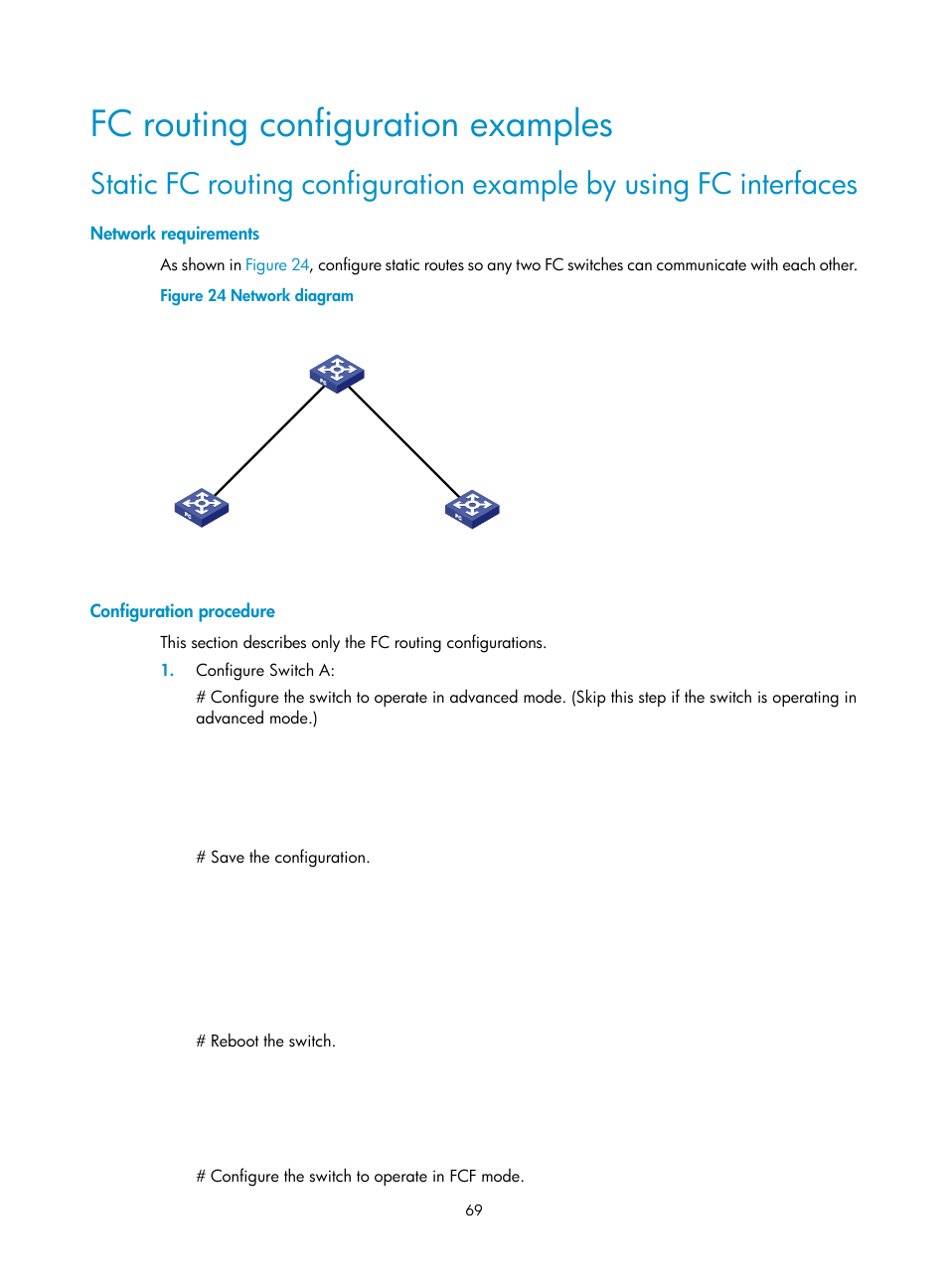 Fc routing configuration examples, Network requirements, Configuration procedure | H3C Technologies H3C S5830V2 Series Switches User Manual | Page 80 / 235