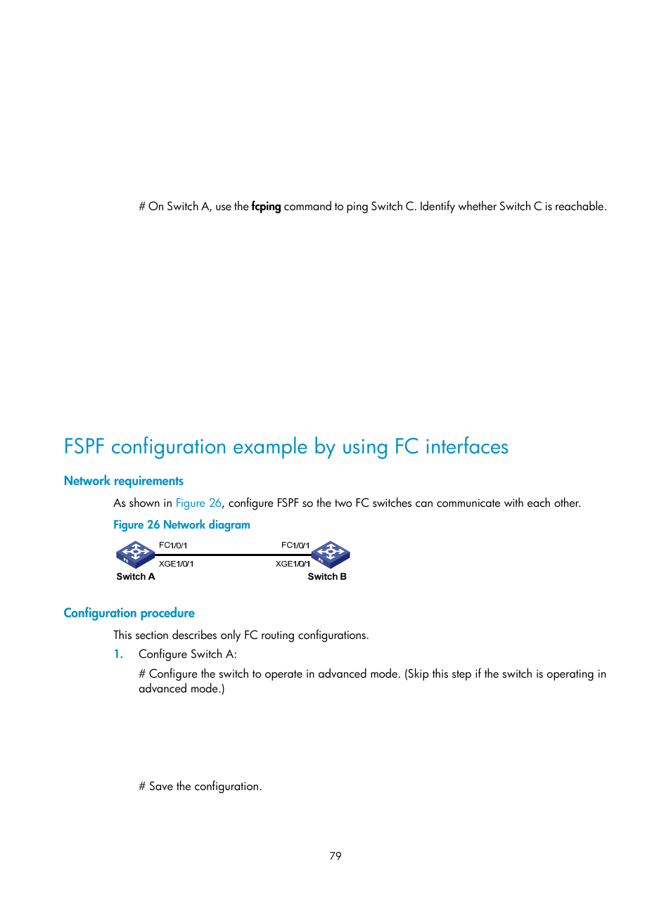 Fspf configuration example by using fc interfaces, Network requirements, Configuration procedure | H3C Technologies H3C S5830V2 Series Switches User Manual | Page 90 / 235