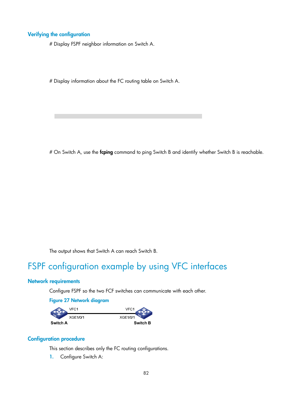 Verifying the configuration, Fspf configuration example by using vfc interfaces, Network requirements | Configuration procedure | H3C Technologies H3C S5830V2 Series Switches User Manual | Page 93 / 235