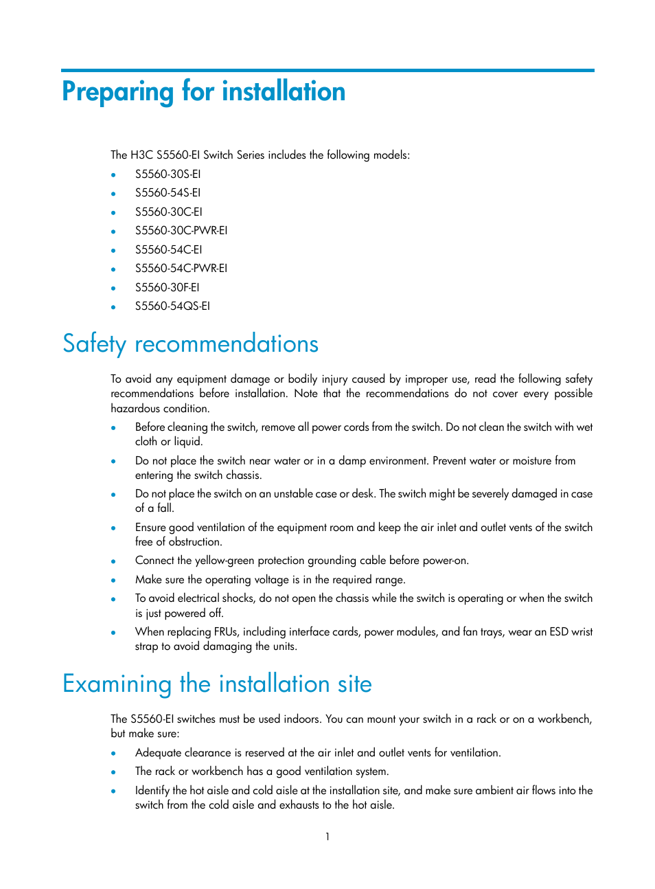 Preparing for installation, Safety recommendations, Examining the installation site | H3C Technologies H3C S5560 Series Switches User Manual | Page 10 / 101