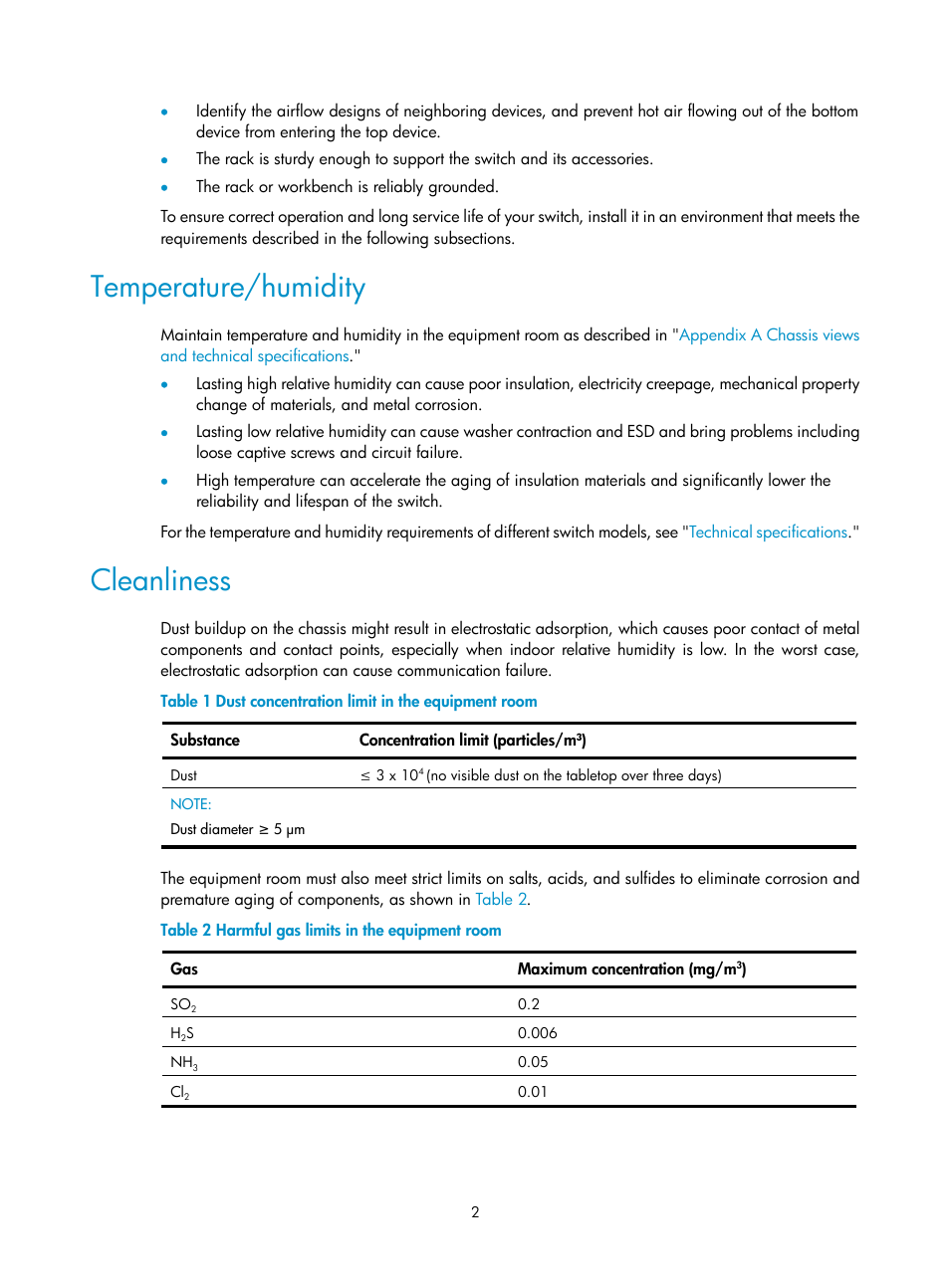 Temperature/humidity, Cleanliness, Examining the installation site | H3C Technologies H3C S5560 Series Switches User Manual | Page 11 / 101