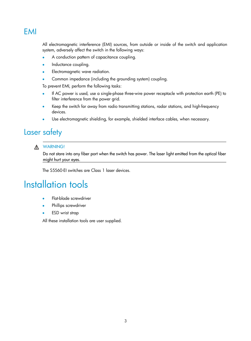 Laser safety, Installation tools, Cleanliness | H3C Technologies H3C S5560 Series Switches User Manual | Page 12 / 101