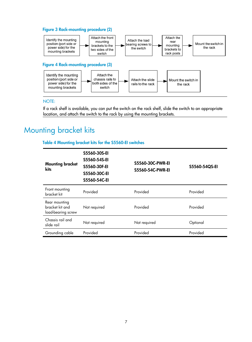 Mounting bracket kits, Installing the switch in a 19-inch rack, Installation accessories | H3C Technologies H3C S5560 Series Switches User Manual | Page 16 / 101