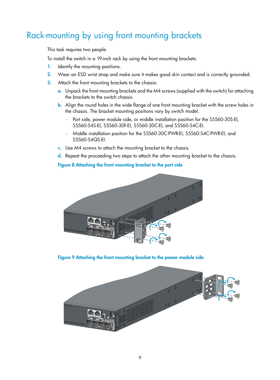 Rack-mounting by using front mounting brackets, Rack-mounting by, Using front mounting | Brackets | H3C Technologies H3C S5560 Series Switches User Manual | Page 18 / 101