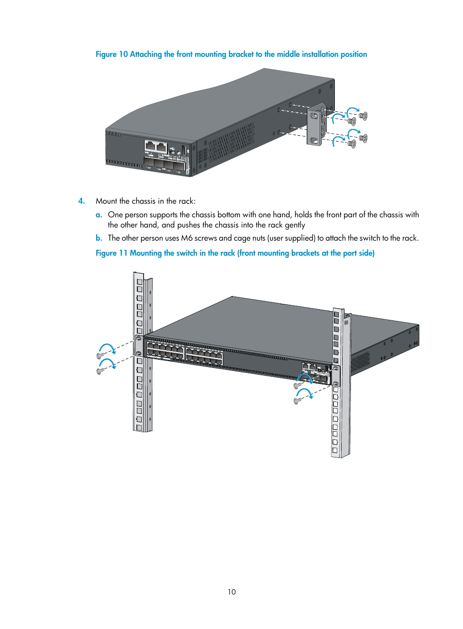 Rack-mounting by using front mounting brackets | H3C Technologies H3C S5560 Series Switches User Manual | Page 19 / 101