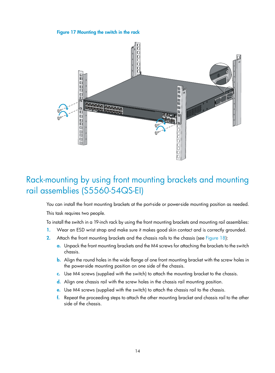 Rack-mounting by, Using front mounting brackets and mounting, Rail assemblies | S5560-54qs-ei), Figure 17 | H3C Technologies H3C S5560 Series Switches User Manual | Page 23 / 101