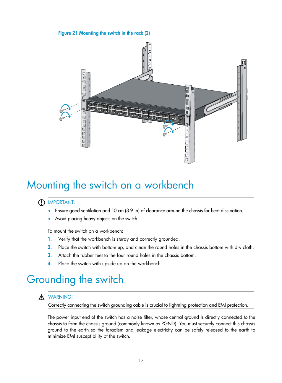 Mounting the switch on a workbench, Grounding the switch, Figure | H3C Technologies H3C S5560 Series Switches User Manual | Page 26 / 101