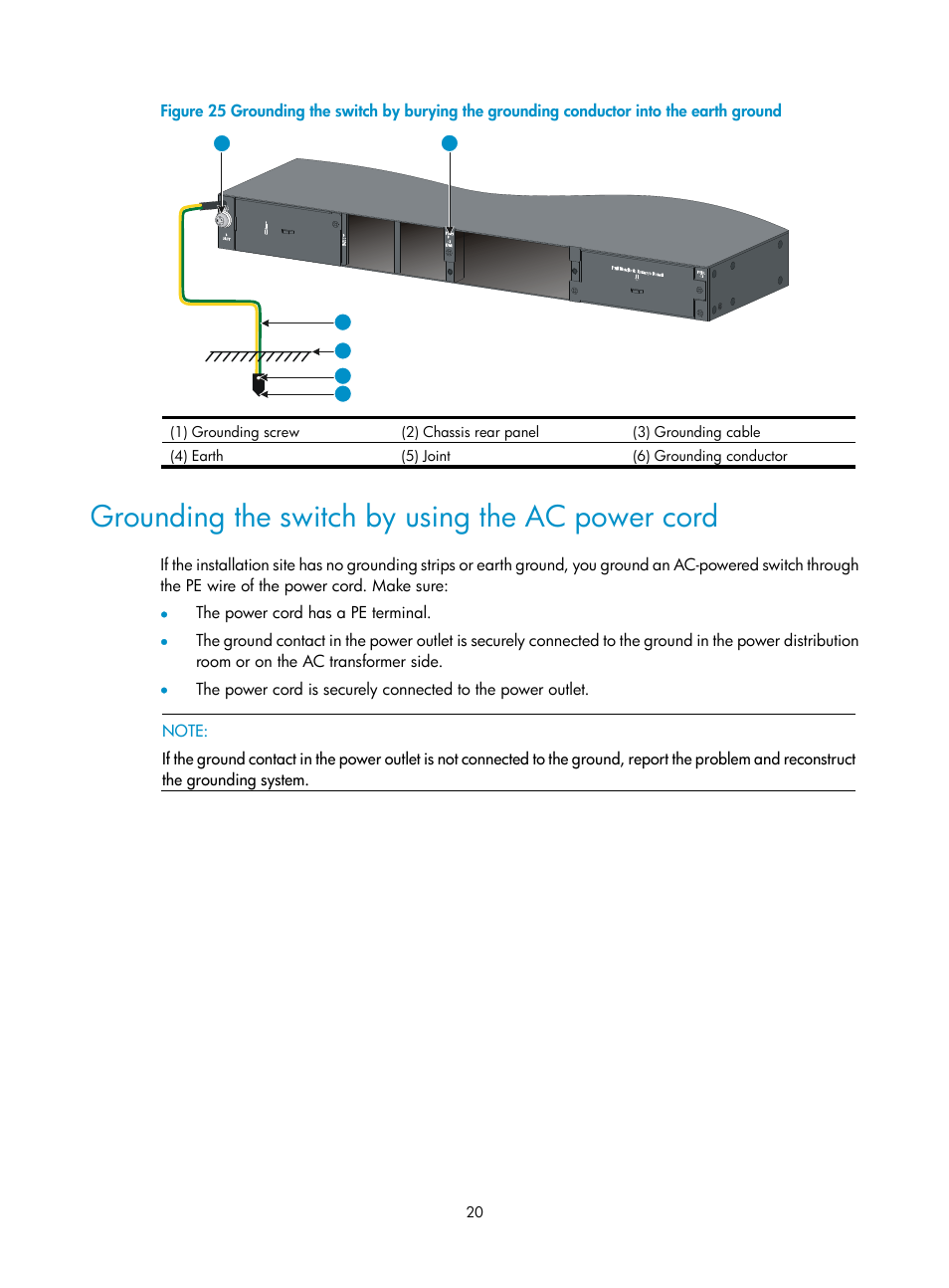 Grounding the switch by using the ac power cord, Grounding the switch | H3C Technologies H3C S5560 Series Switches User Manual | Page 29 / 101