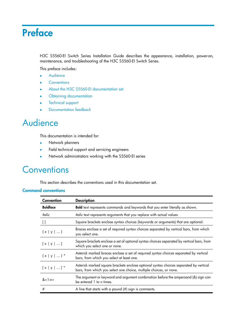 Preface, Audience, Conventions | Command conventions | H3C Technologies H3C S5560 Series Switches User Manual | Page 3 / 101