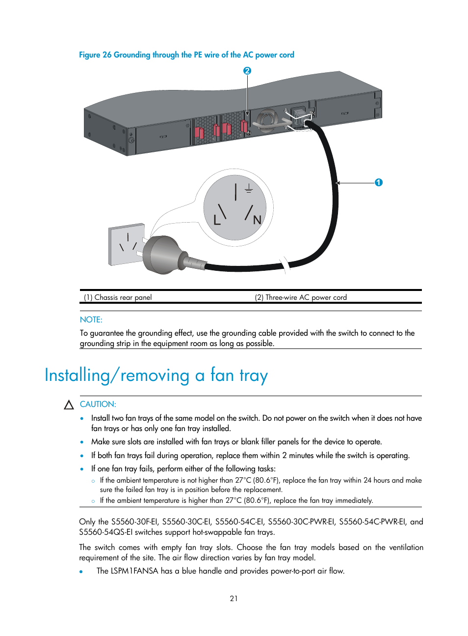 Installing/removing a fan tray, Grounding the switch with a grounding strip | H3C Technologies H3C S5560 Series Switches User Manual | Page 30 / 101