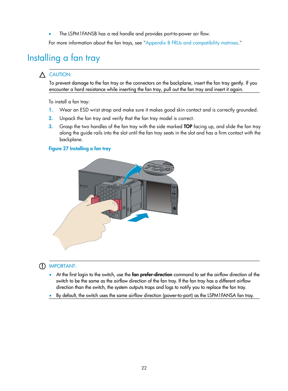 Installing a fan tray | H3C Technologies H3C S5560 Series Switches User Manual | Page 31 / 101