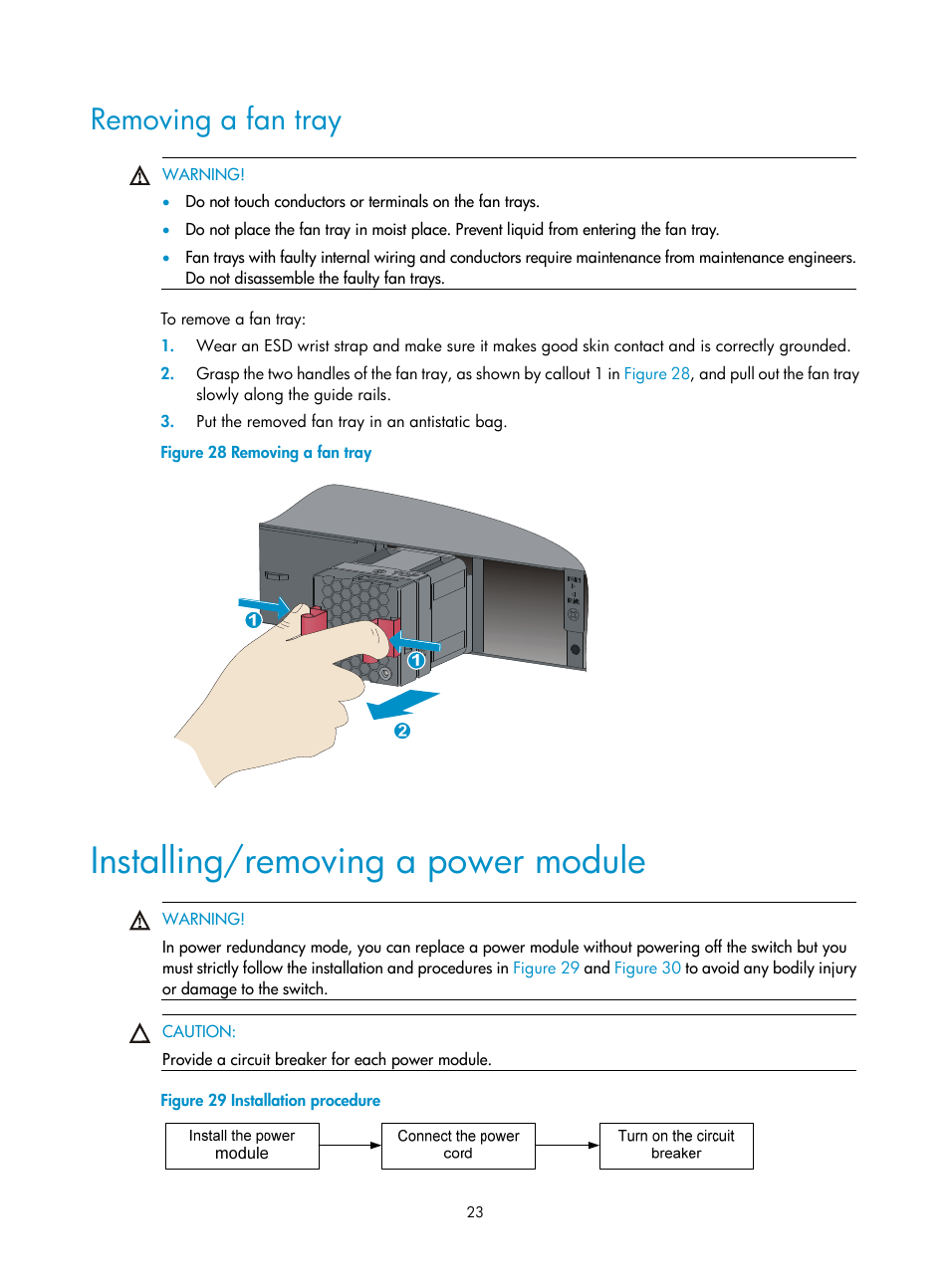 Removing a fan tray, Installing/removing a power module, Grounding the switch by using the ac power cord | H3C Technologies H3C S5560 Series Switches User Manual | Page 32 / 101