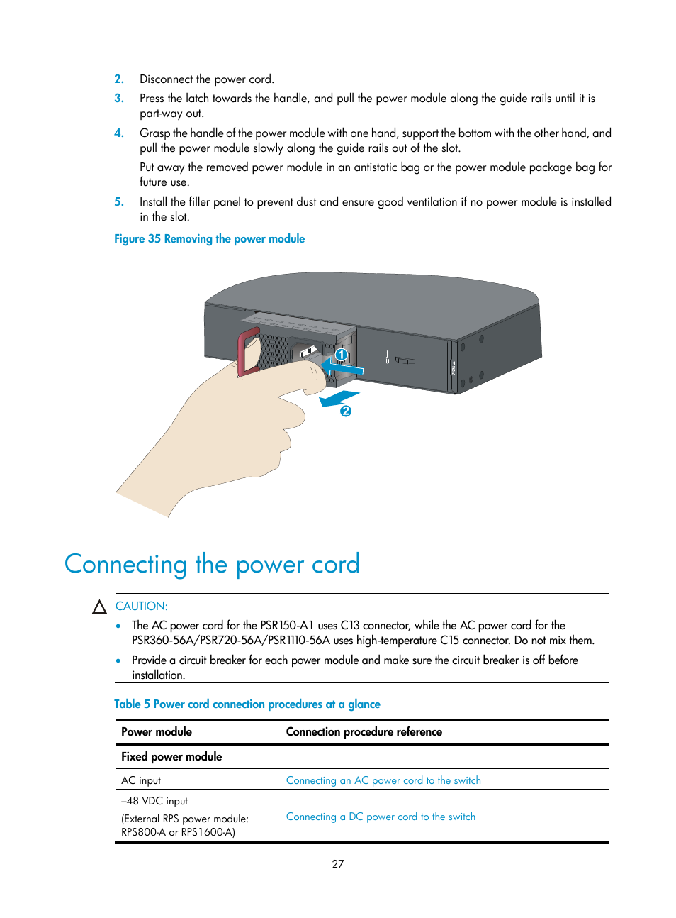 Connecting the power cord, Installing/removing a power module | H3C Technologies H3C S5560 Series Switches User Manual | Page 36 / 101