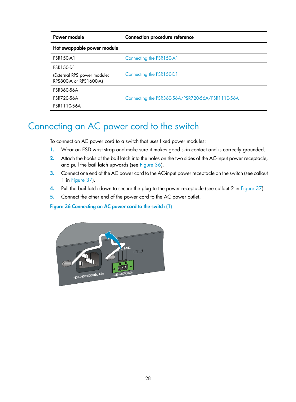 Connecting an ac power cord to the switch, Installing a psr150 power module | H3C Technologies H3C S5560 Series Switches User Manual | Page 37 / 101