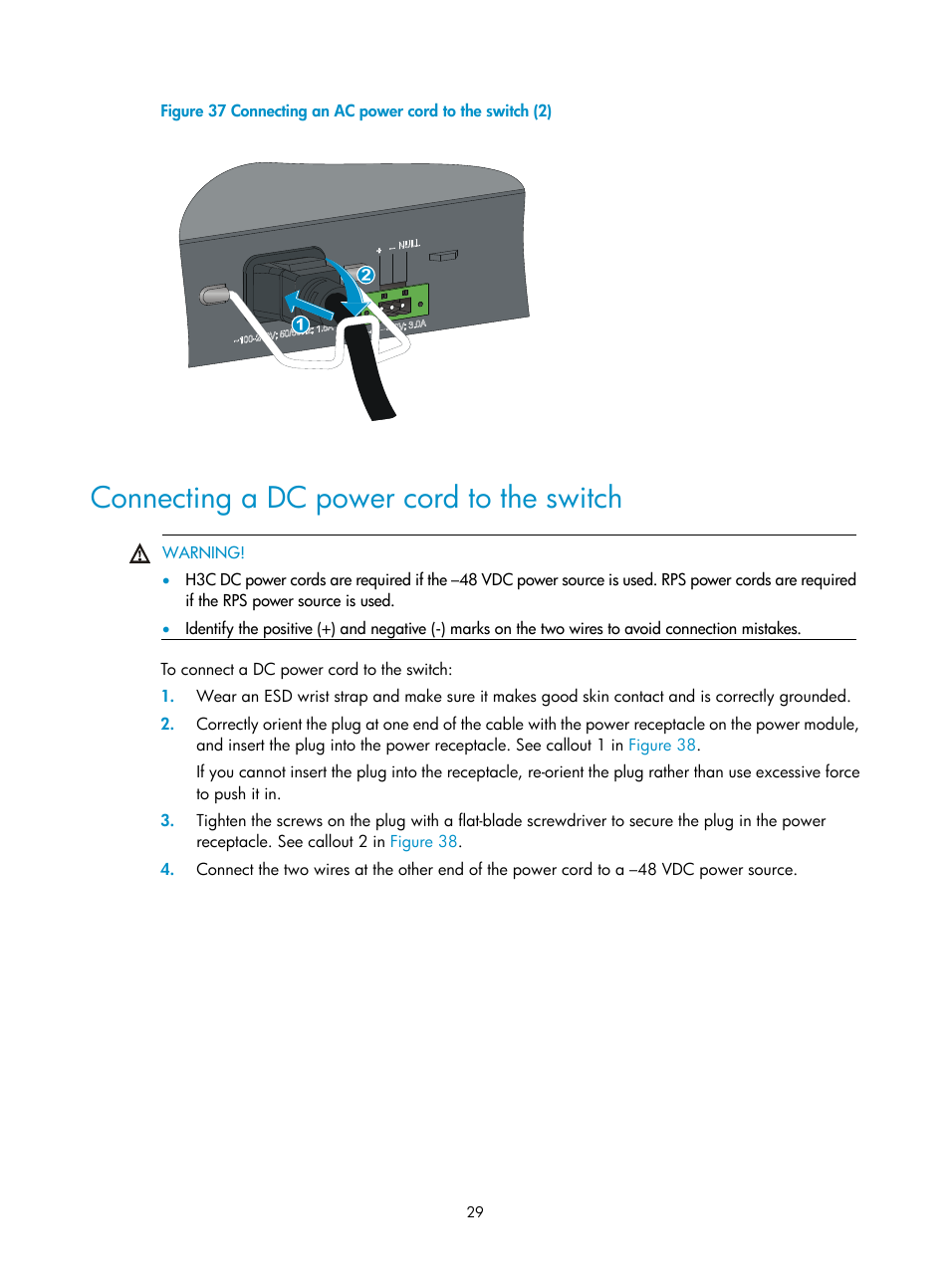 Connecting a dc power cord to the switch, Removing a psr150 power module, Figure 37 | T 2 in | H3C Technologies H3C S5560 Series Switches User Manual | Page 38 / 101