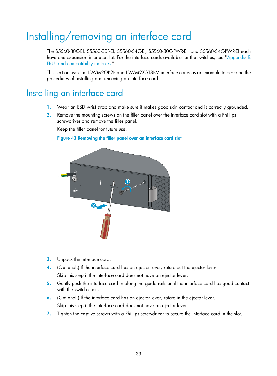 Installing/removing an interface card, Installing an interface card, Connecting the power cord | Connecting an ac power cord to the switch | H3C Technologies H3C S5560 Series Switches User Manual | Page 42 / 101