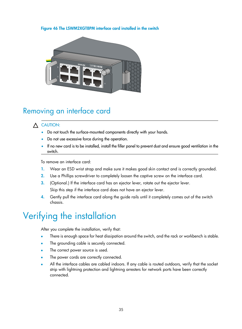 Removing an interface card, Verifying the installation, Connecting the psr150-a1 | H3C Technologies H3C S5560 Series Switches User Manual | Page 44 / 101