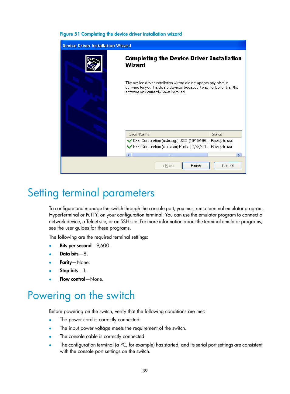 Setting terminal parameters, Powering on the switch, Installing/removing an interface card | Installing an interface card | H3C Technologies H3C S5560 Series Switches User Manual | Page 48 / 101