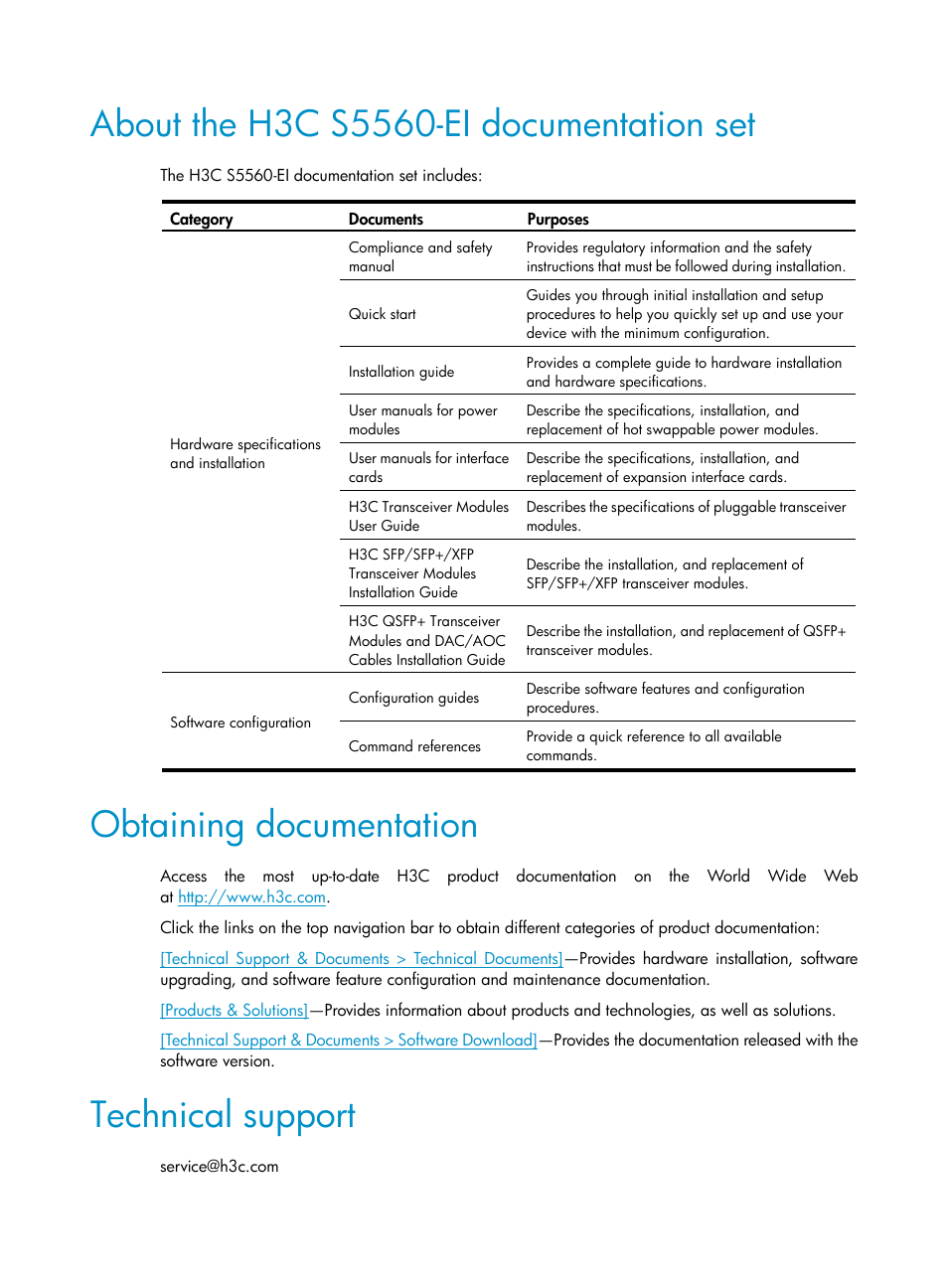 About the h3c s5560-ei documentation set, Obtaining documentation, Technical support | H3C Technologies H3C S5560 Series Switches User Manual | Page 5 / 101