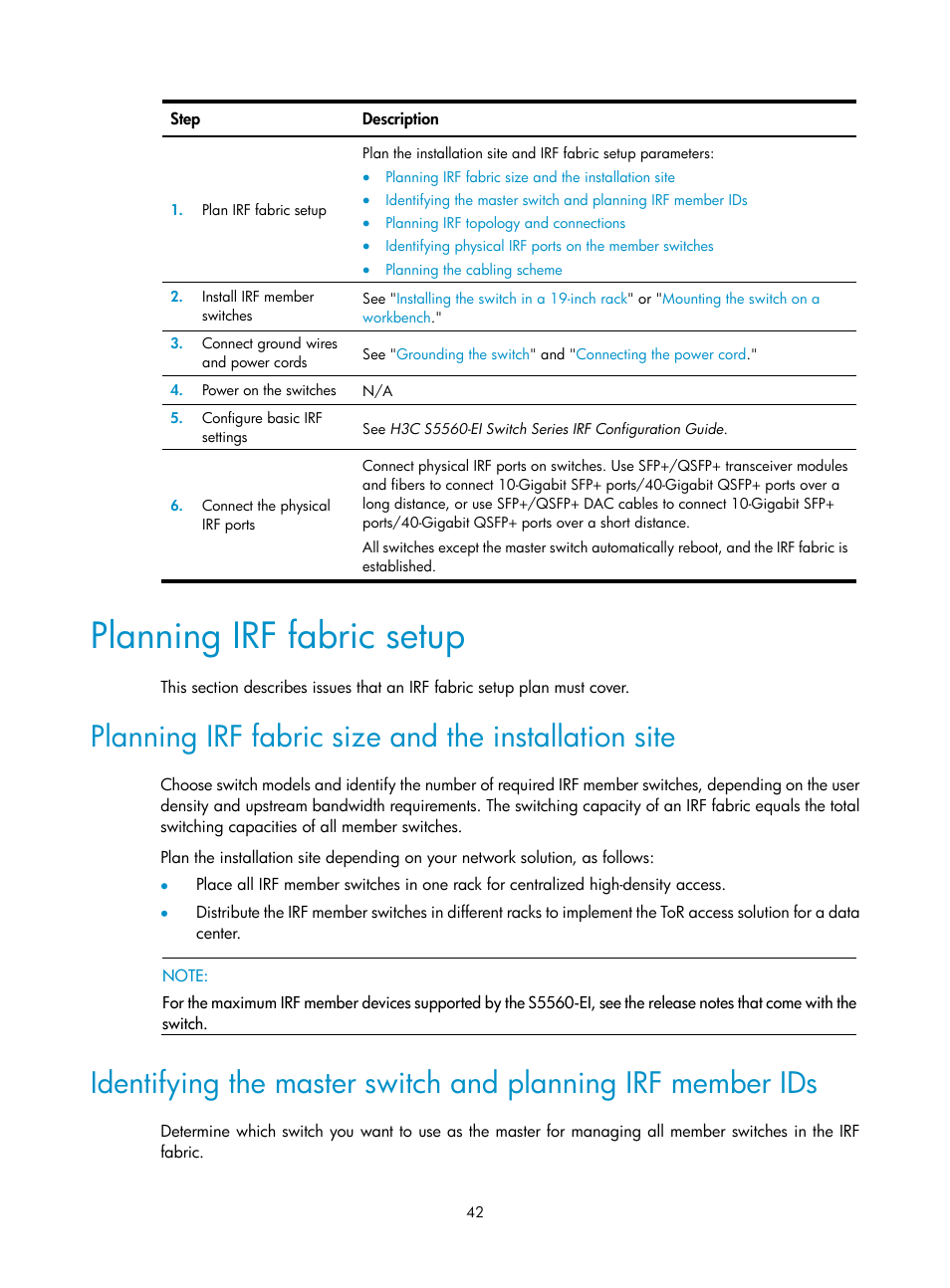 Planning irf fabric setup, Planning irf fabric size and the installation site, Verifying the installation | H3C Technologies H3C S5560 Series Switches User Manual | Page 51 / 101